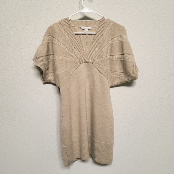 Banana Republic Dress Sweater Mini Dress Womens M Wool V Neck Knit Tan Fall FLAW - Picture 1 of 12